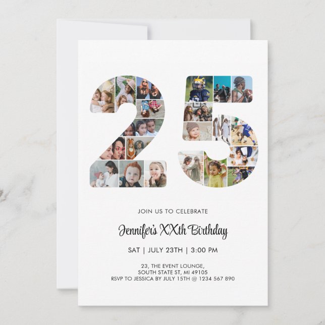 Invitación 25.º Collage de fotos número de cumpleaños 25 Pers (Anverso)