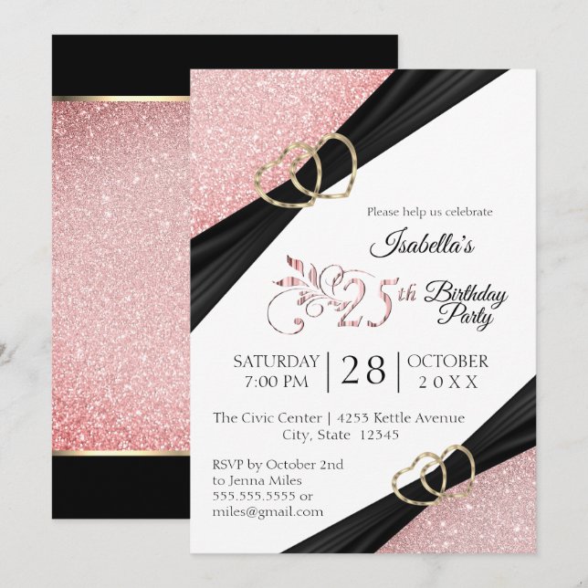Invitación 25.º cumpleaños de Purpurina rosado y corazón de o (Anverso / Reverso)
