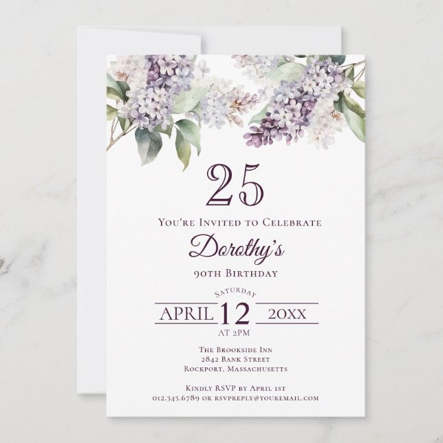 Invitación 25.º cumpleaños Flor Lilac de Primavera Púrpura (Anverso)