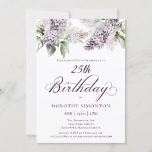 Invitación 25.º cumpleaños Flor Lilac de Primavera Púrpura