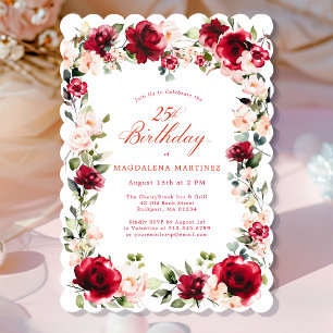 Invitación 25.º cumpleaños Floral de peonía rosa rosa rojo