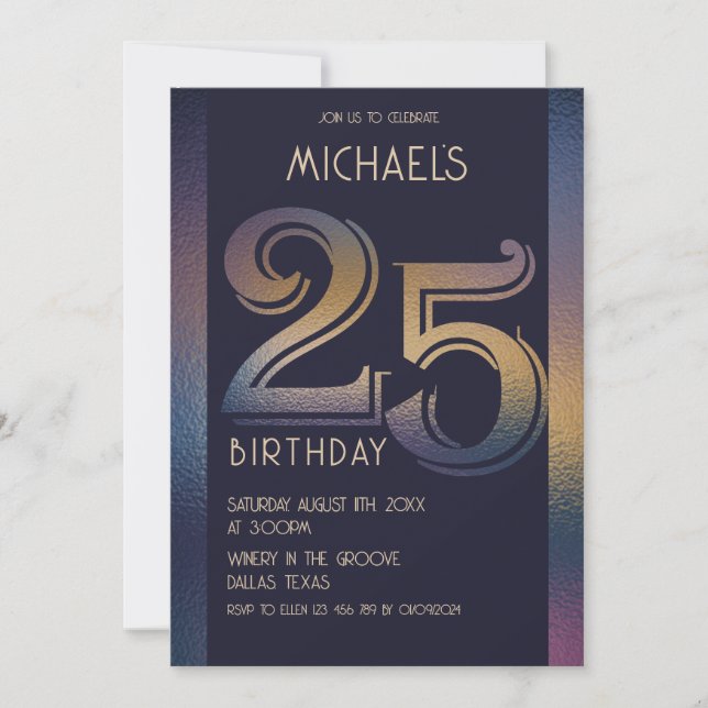 Invitación 25.º moderno morado oscuro y dorado cumpleaños (Anverso)