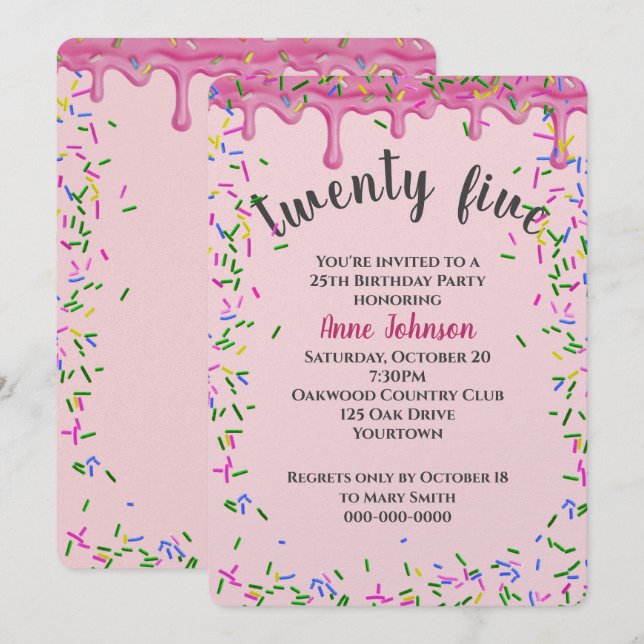 Invitación 25.º Nacimiento Hielo Y Espolvorea Rosa (Anverso / Reverso)