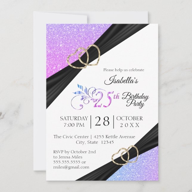 Invitación 25.º Purpurina multicolor y cumpleaños Gold Heart (Anverso)