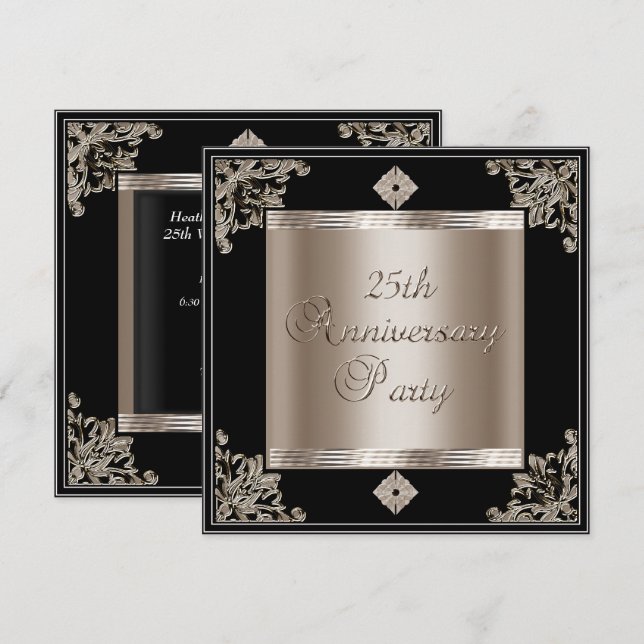 Invitación 25° aniversario Boda Art Deco Sepia Negra (Anverso / Reverso)