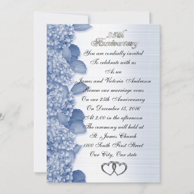 Invitación 25° aniversario Boda azul Hidrangea (Anverso)