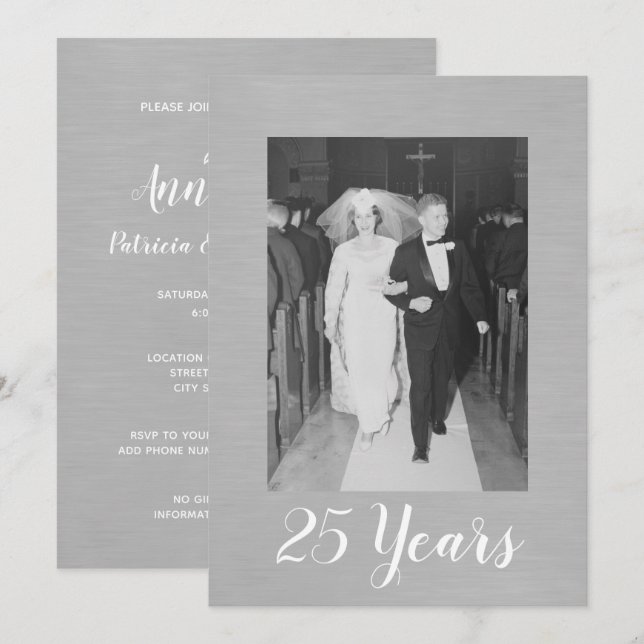 Invitación 25° aniversario Boda con foto de plata cepillada (Anverso / Reverso)