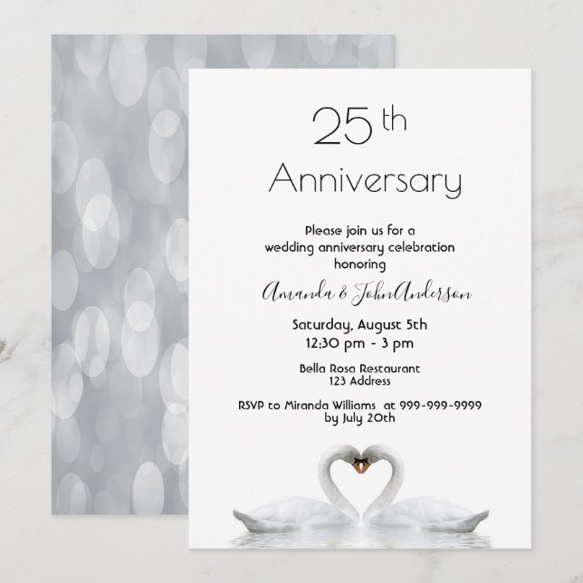 Invitación 25° aniversario boda dos cisnes enamorados de blan (Anverso / Reverso)