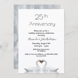 Invitación 25° aniversario boda dos cisnes enamorados de blan
