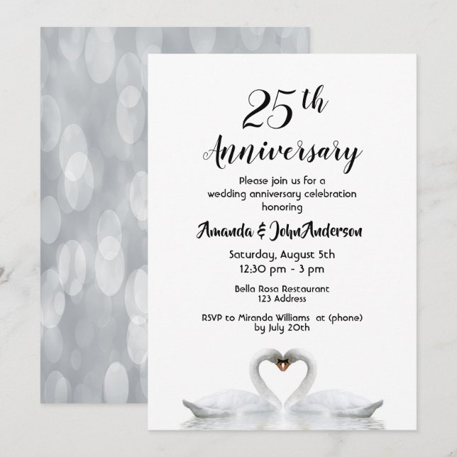 Invitación 25° aniversario boda dos cisnes enamorados de blan (Anverso / Reverso)