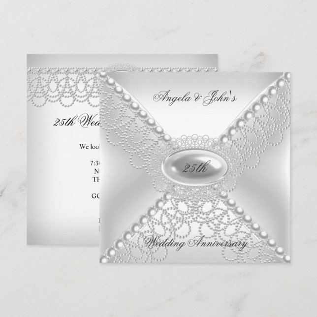 Invitación 25° Aniversario Boda Elegante Pearl White (Anverso / Reverso)