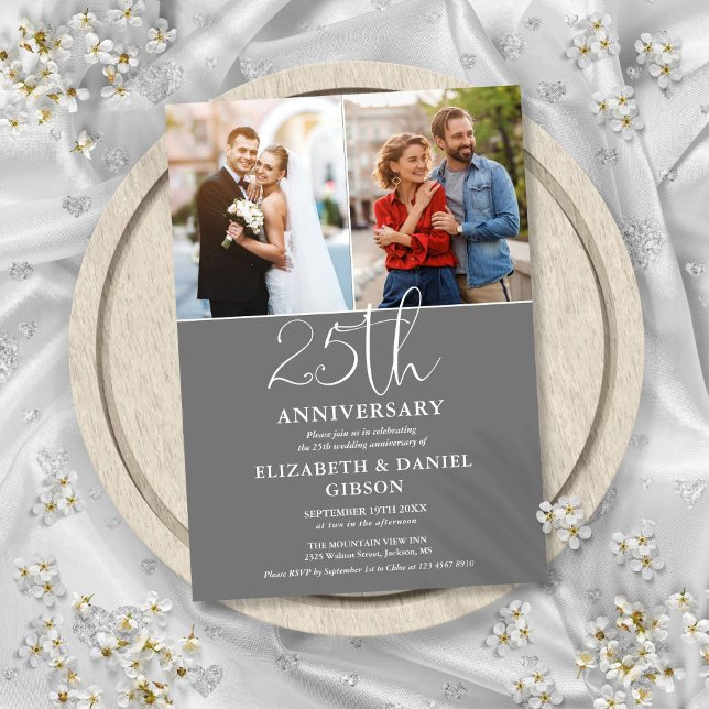 Invitación 25 Aniversario Boda Entonces Y Ahora 2 Foto (25th Wedding Anniversary Then And Now 2 Photo Invitation)