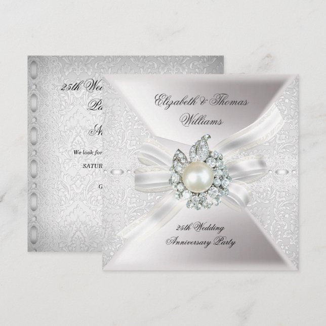 Invitación 25° aniversario Boda Fiesta Lace Pearl White (Anverso / Reverso)