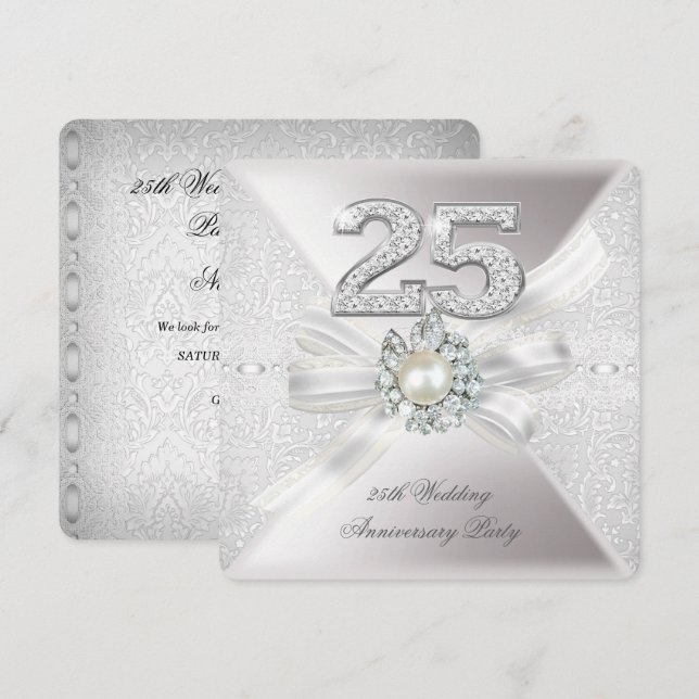 Invitación 25° aniversario Boda Fiesta Pearl Silver (Anverso / Reverso)