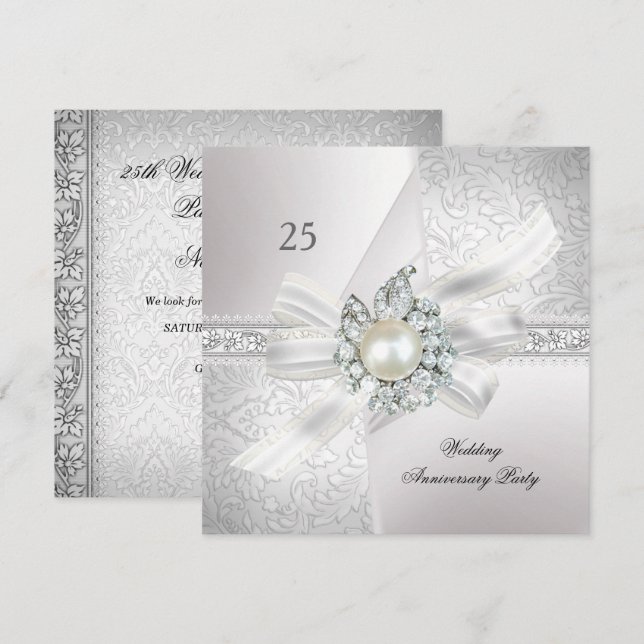 Invitación 25° aniversario Boda Fiesta Pearl White Silver (Anverso / Reverso)