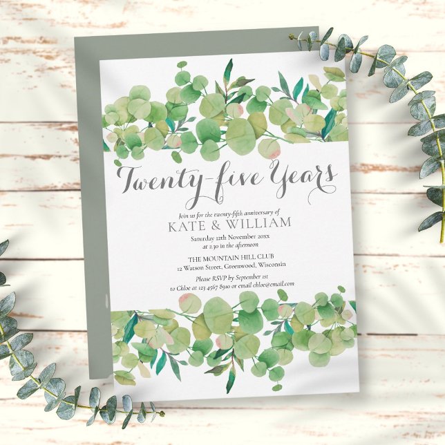 Invitación 25° Aniversario Boda Floral de vegetación (25th Wedding Anniversary Greenery Floral Invitation)