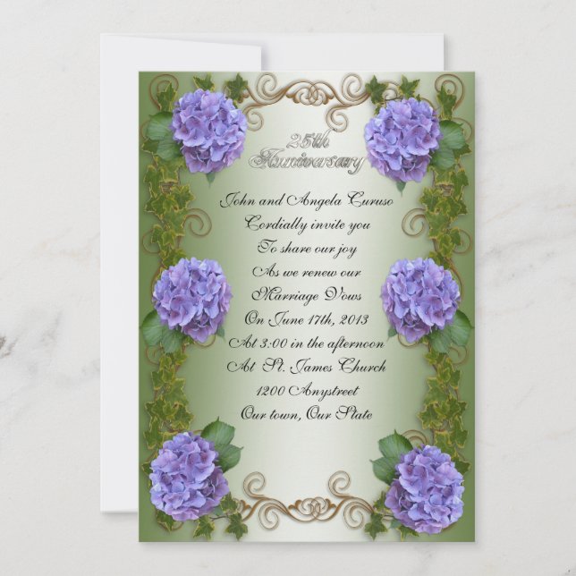 Invitación 25° Aniversario Boda jurar hortensias renovadoras (Anverso)