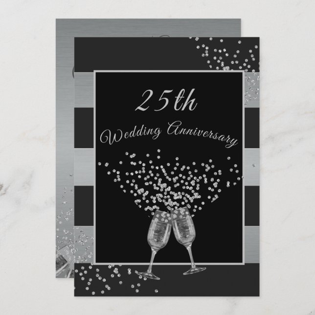 Invitación 25° Aniversario Boda Moda Plata Negra Elegante (Anverso / Reverso)