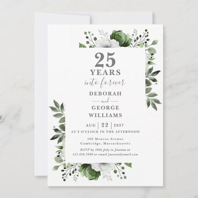 Invitación 25° Aniversario Boda Monograma Floral de Verdor (Anverso)