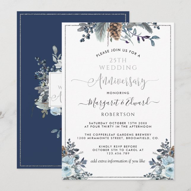 Invitación 25 Aniversario Boda, Plata, Floral Azul de la Mari (Anverso / Reverso)