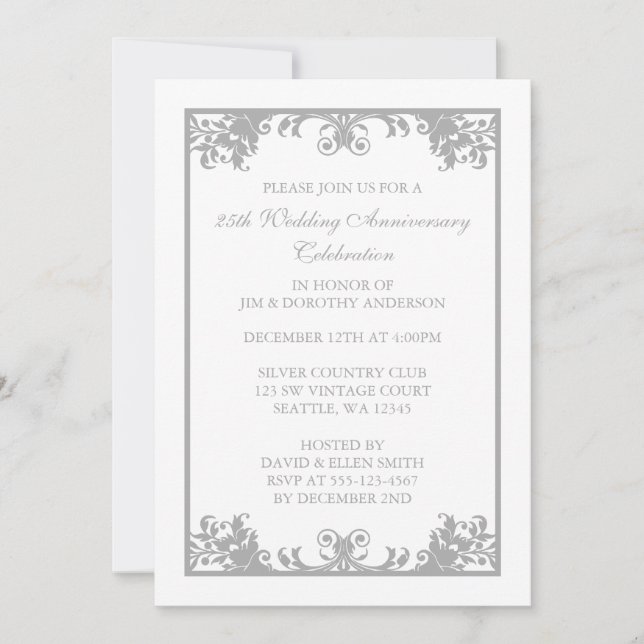 Invitación 25° Aniversario Boda Plata Flourish Scroll (Anverso)