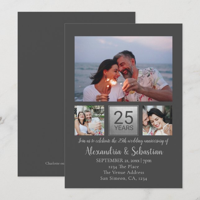 Invitación 25° Aniversario Boda Plata Gris Personalizada (Anverso / Reverso)