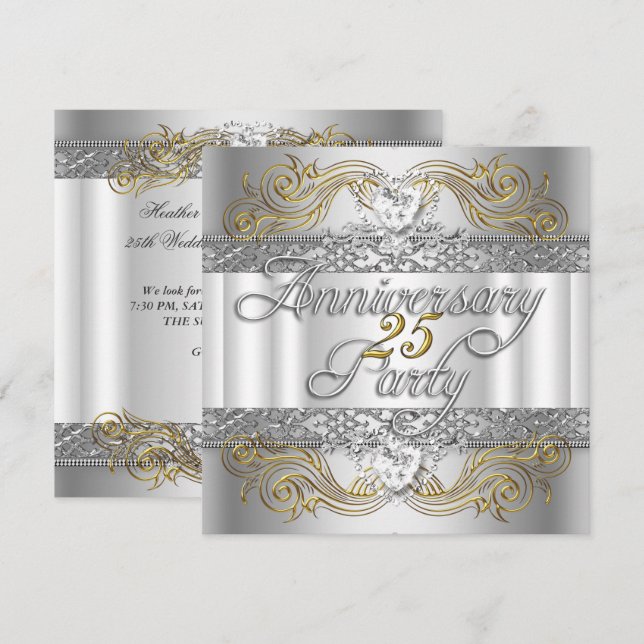 Invitación 25° Aniversario Boda Plata Oro Blanco (Anverso / Reverso)