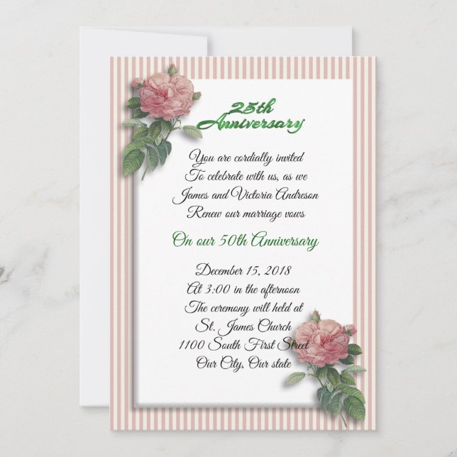 Invitación 25° aniversario Boda renovación renovación de rosa (Anverso)