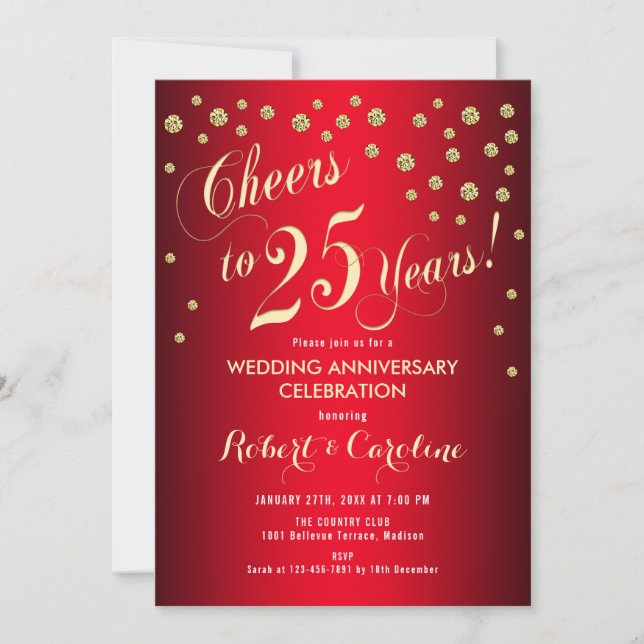 Invitación 25° Aniversario Boda - Rojo y Oro (Anverso)
