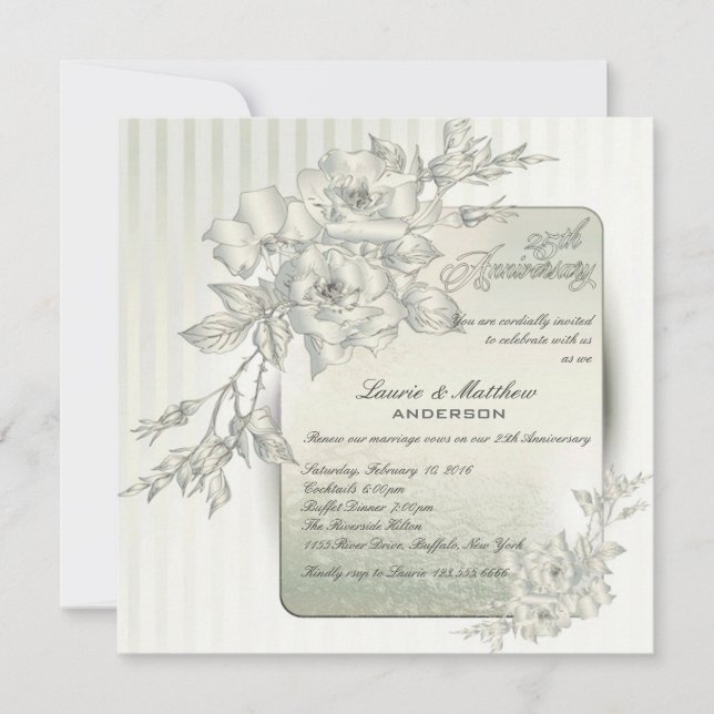 Invitación 25° Aniversario Boda Vow Renovación de Rosas Plata (Anverso)