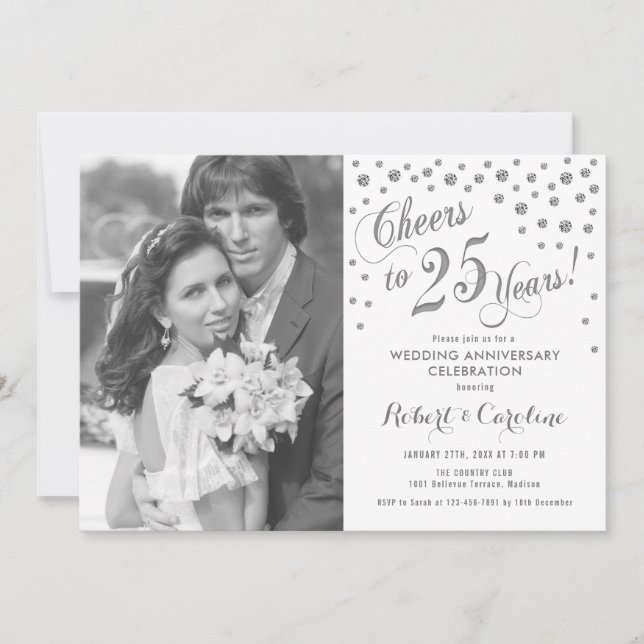 Invitación 25° Aniversario con foto - Blanco plateado (Anverso)