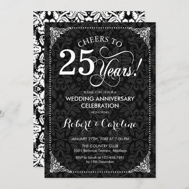 Invitación 25 Aniversario de Boda - Damask Blanco Negro (Anverso / Reverso)