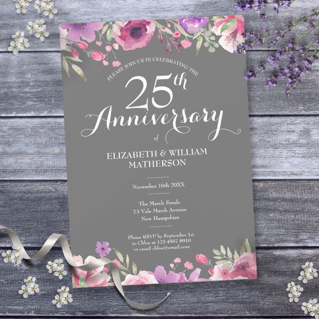 Invitación 25° aniversario de Boda de plata floral (25th Silver Wedding Anniversary Country Floral Invitation)