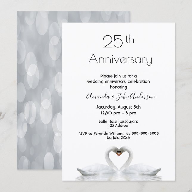 Invitación 25 aniversario de boda dos cisnes enamorados blanc (Anverso / Reverso)