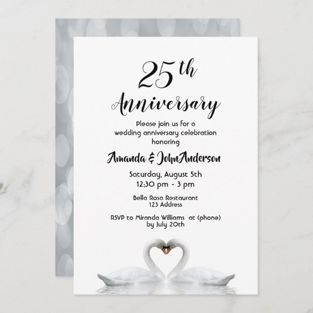 Invitación 25 aniversario de boda dos cisnes enamorados blanc (Anverso / Reverso)