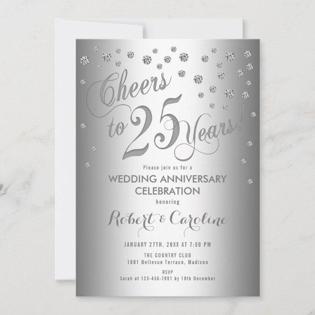 Invitación 25 Aniversario de Boda - Elegante Plata Blanco (Anverso)