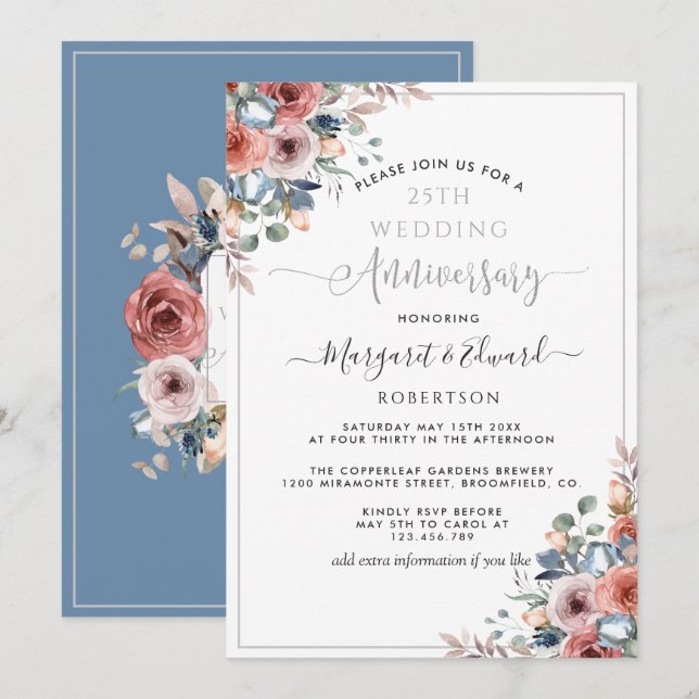Invitación 25 Aniversario de Boda, Floral Azul Plateado con R (Anverso / Reverso)
