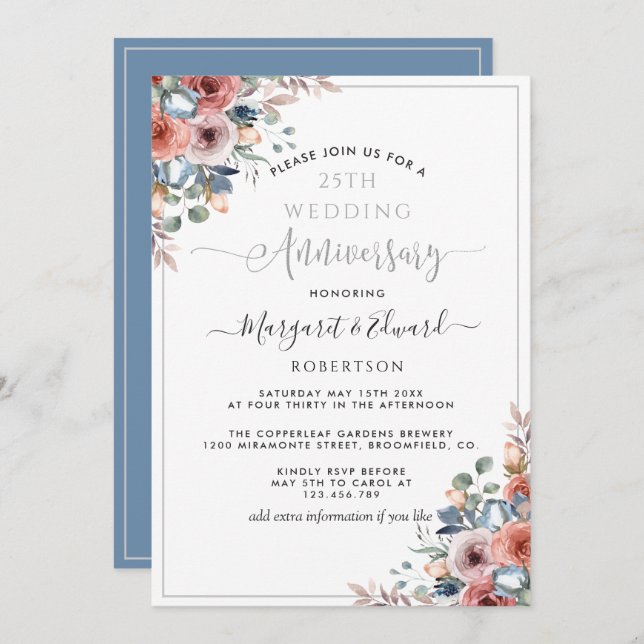 Invitación 25 Aniversario de Boda, Floral Azul Plateado Rubor (Anverso / Reverso)