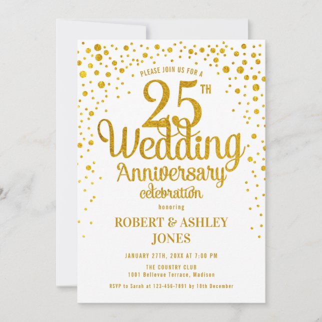 Invitación 25 Aniversario de Boda - Oro & Blanco (Anverso)