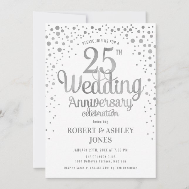 Invitación 25 Aniversario de Boda - Plata y Blanco (Anverso)