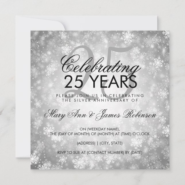 Invitación 25 Aniversario de Boda Winter Wonderland Plata (Anverso)