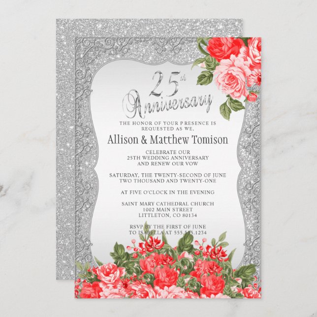 Invitación 25 Aniversario de Bodas de Plata Glitter | Texto D (Anverso / Reverso)