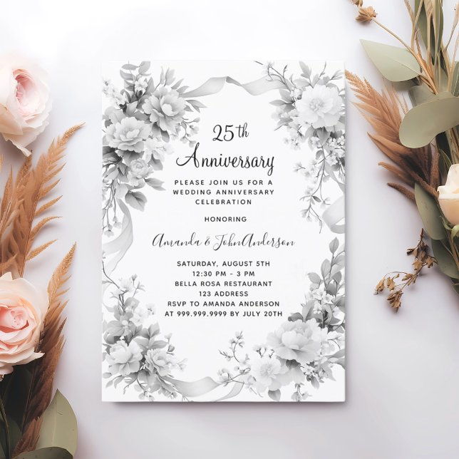 Invitación 25° aniversario de bodas florals lujo de plata (Subido por el creador)