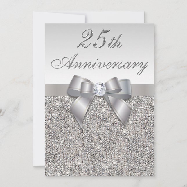 Invitación 25° Aniversario de la Boda de Plata Faux Sequins & (Anverso)