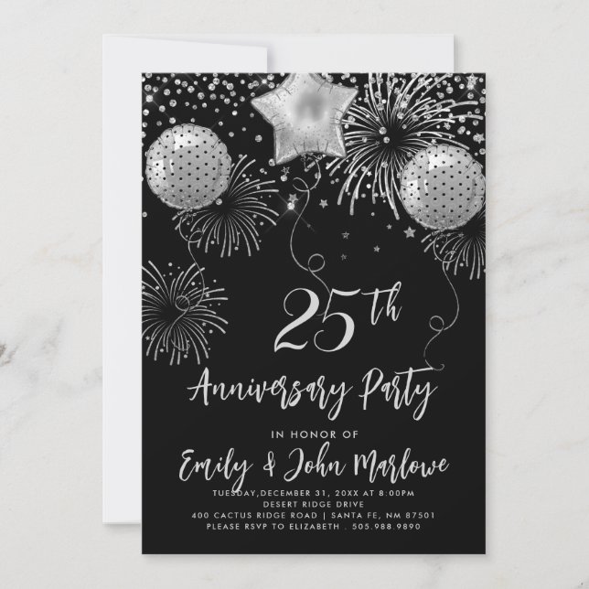 Invitación 25° Aniversario de la Purpurina de Plata Confetti (Anverso)
