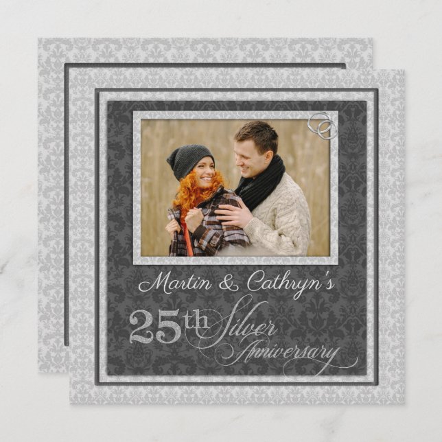 Invitación 25° Aniversario de Plata con foto en Damask (Anverso / Reverso)
