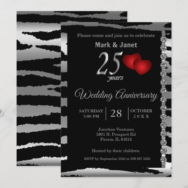 Invitación 25° Aniversario de Plata - Patrón de cebra - Amor (Anverso / Reverso)