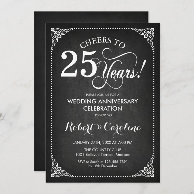 Invitación 25° Aniversario del Boda - Blanco de Chalkboard (Anverso / Reverso)