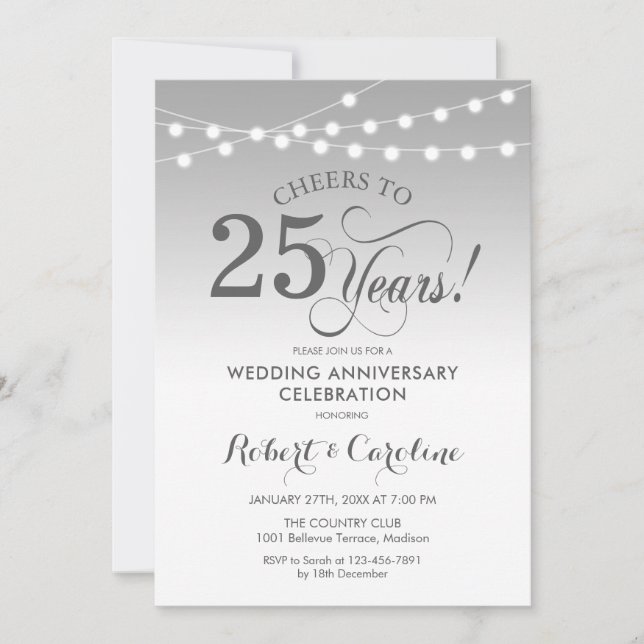 Invitación 25° Aniversario del Boda - Blanco plateado (Anverso)