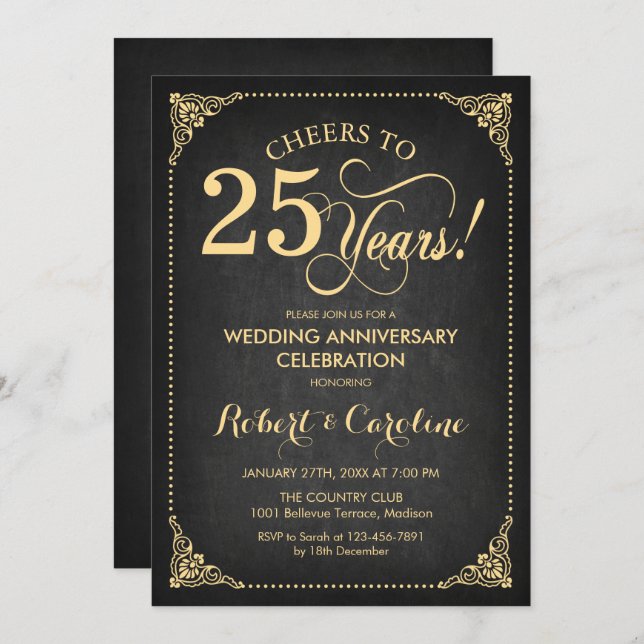 Invitación 25° Aniversario del Boda - Chalkboard Gold (Anverso / Reverso)